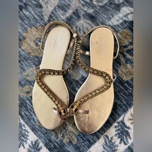 ** Schutz Gold Snake-Embellished Flat Sandals - Size 8**